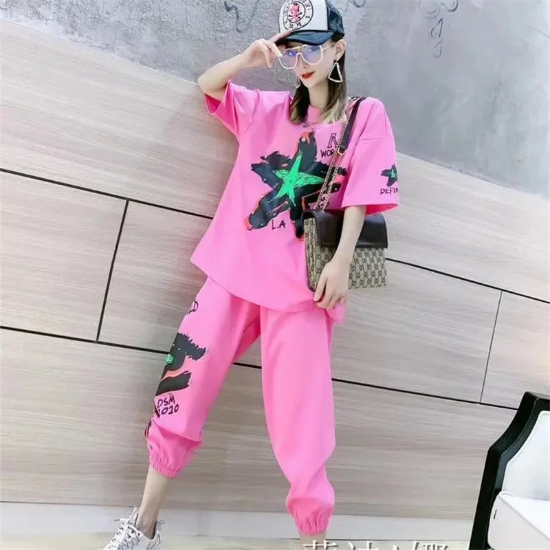 European Station 2023 Summer Korean Fashion Sports Suit Female Short Sleeve Print Cotton T-Shirt Harem Pants Two Piece Sets Tide