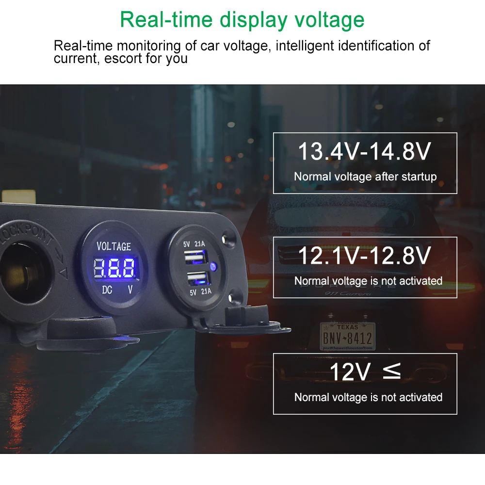 Car Cigarette USB Lighter Digital Voltmeter Dual USB Power Charger 12V Power Socket Waterproof Dustproof With Rocker Switch