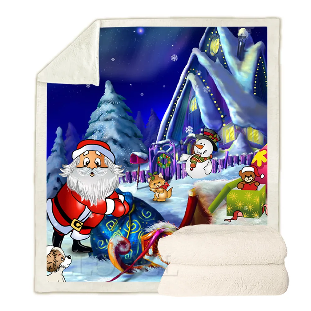 

HX Christmas Blankets Cartoon Santa Snowman Sleigh Print Double Layer Merry Christmas Blanket Keep Warm Plush Quilts