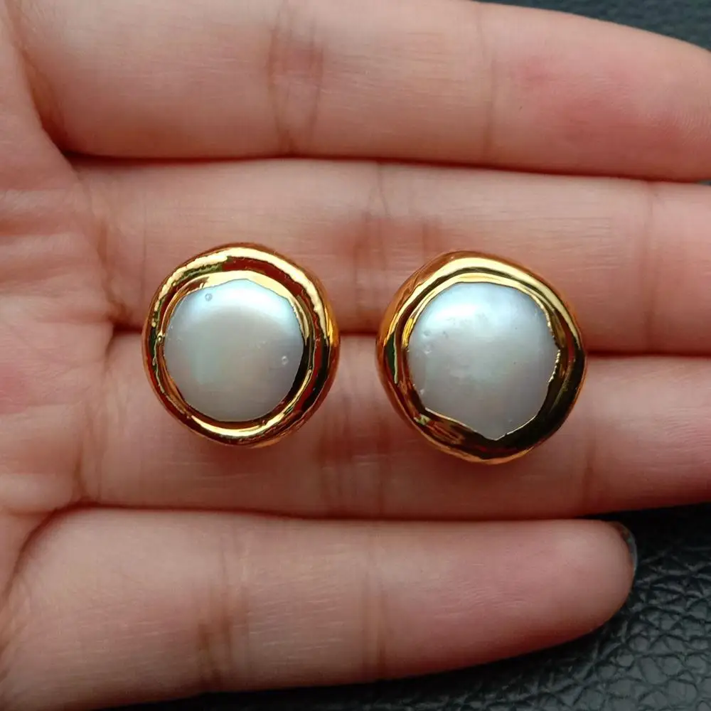 YYGEM Natural White Coin Freshwater Pearl Gold Color Plated Stud Earrings Anniversary Push-Back Earrings
