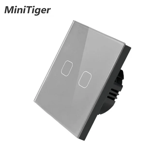 Minitiger EU/UK Standard AC 220-250V White Luxury Glass Panel 2 gang 1 way Touch Wall Sensor Light Switch