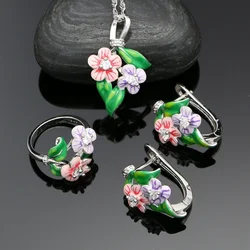 925 Silver Jewelry Set for Women Earrings Ring Pendant Necklace Multicolor Enamel Flower Bridal Jewelry