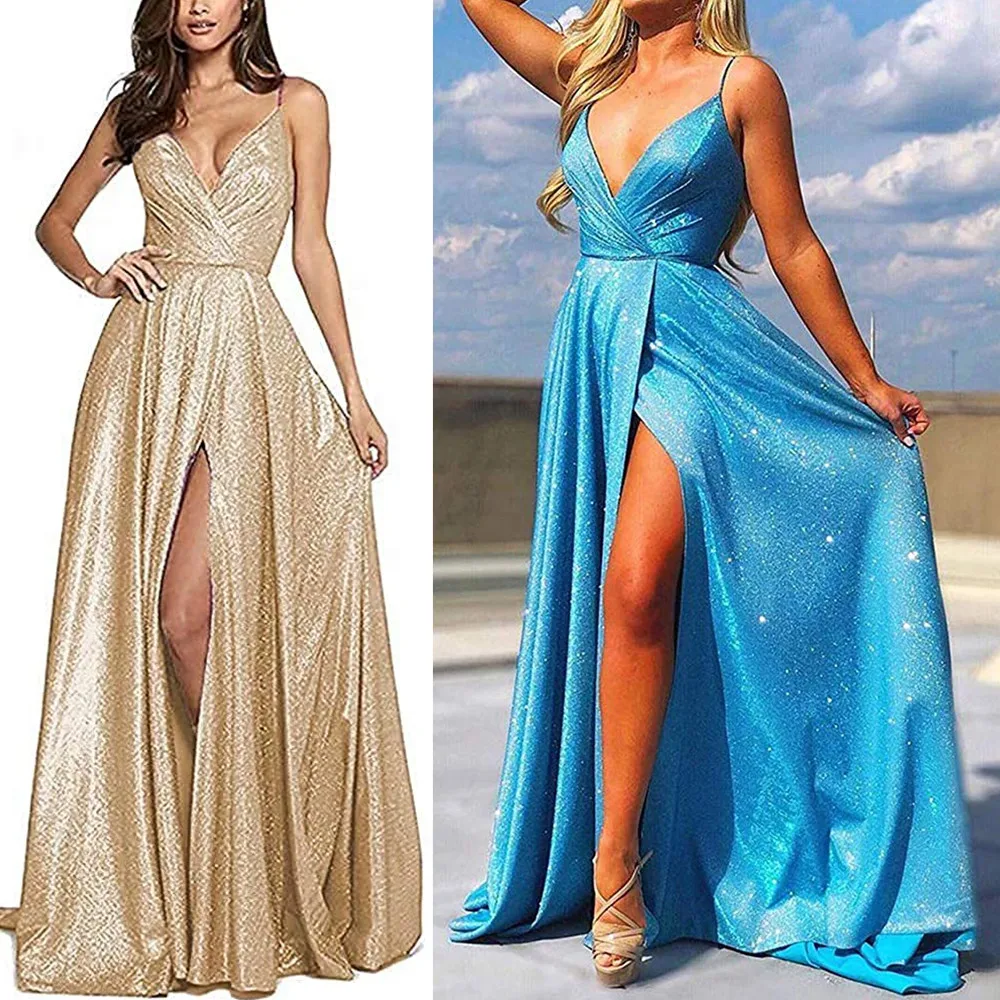 Sexy Lantejoulas V Pescoço Vestido De Noite Bola Dividir UM Vestido Longo Linha платье женское вечернее robe de soirée femme فساتين السهرة