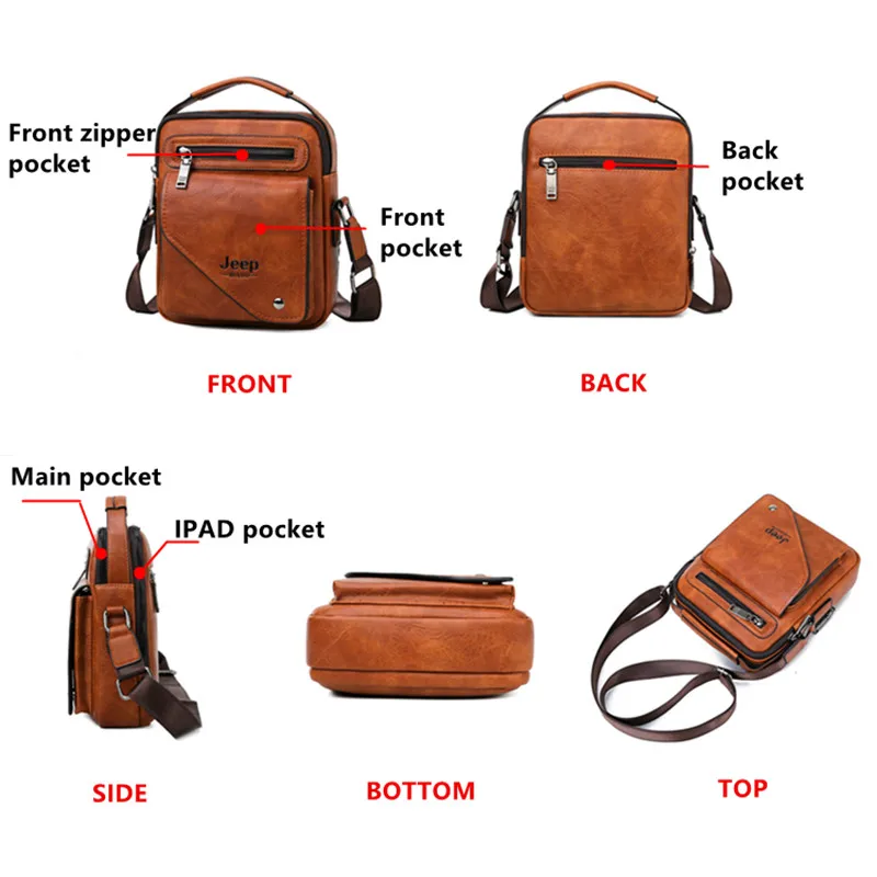 JEEP BULUO Split Leather Crossbody Tote Men Bag Famous Designer Men Shoulder Messenger Bags Men Fashion Business High Quality