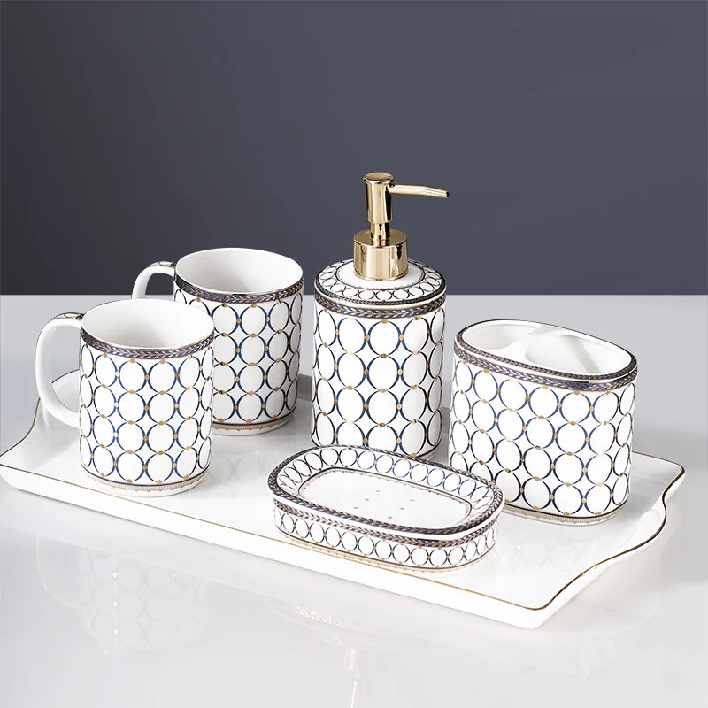 Bathroom Accessories Set Ceramic Soap Dish Toothbrush Holder/Rack & Gargle Cup With Tray 5/6 Pieces Wash Set Wedding Gifts