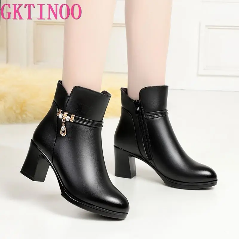 GKTINOO Women Winter Shoes 2024 New Fashion High heels Women Leather Boots Large Size Natural Wool Warm Ladies Short Boots