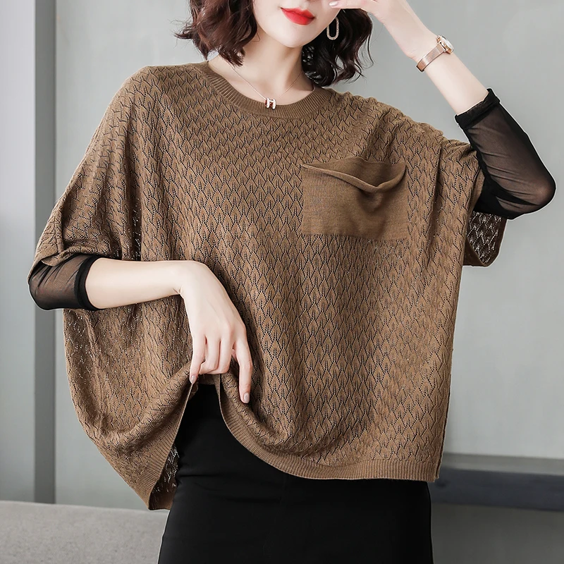 

Women Oversize Sweater Blouse Summer Spring Loose Hollow Knit Shirts Ladies Batwing Sleeve Extra Large Knitwear Pullovers