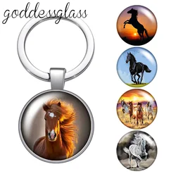 Animal Running Horse Steed glass cabochon keychain Bag Car key chain Ring Holder Charms keychains gift