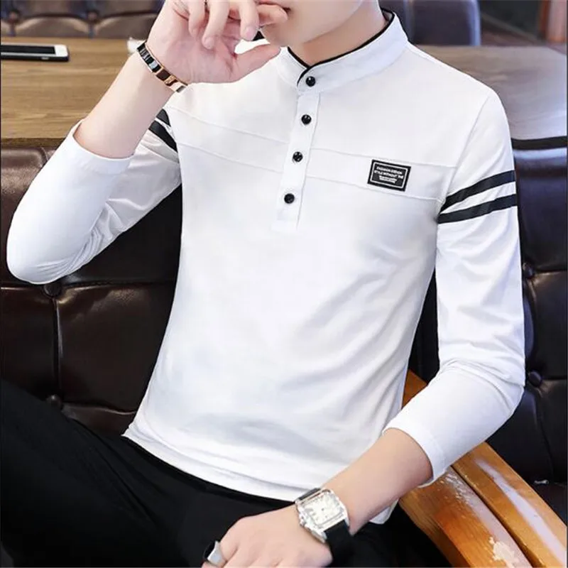 Men Long Sleeve Polo Shirt Cotton Autumn Casual Fashion Male Striped Shirts Black White Red