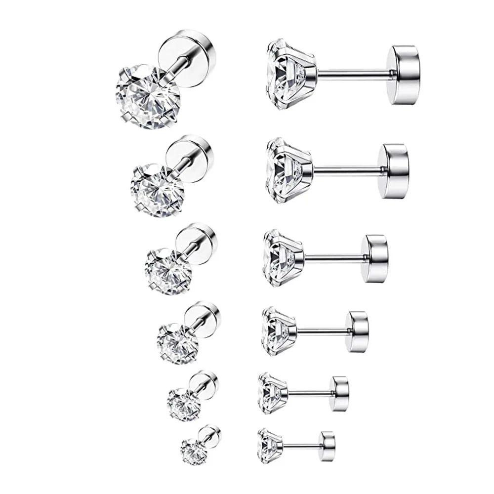 60pcs Crystal CZ Gem Ear Stud Earring Round Zircon For Men and Women Gothic Street Pop Ear Jewelry Stainless Steel 3mm 4mm 5mm