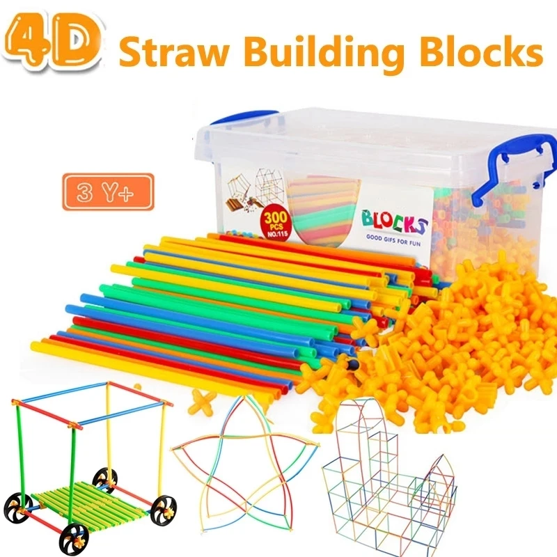 

100-700pcs Plastic 4D Straw Building Blocks Tunnel Shaped Stitching Inserted Pipe Blocks Construction Toys for Children Gifts