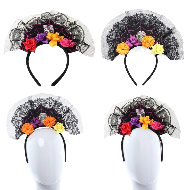 Day of The Dead Spiderweb Headband Flower Skull Lace Halloween Cosplay Hair Hoop F3MD