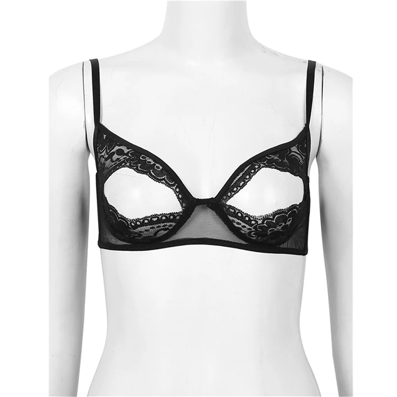 Women Soft Sheer Lace Floral Nipple Split Bra Sexy Lingerie Adjustable Spaghetti Straps Bralette Wire-free Unlined Cup Bras Top