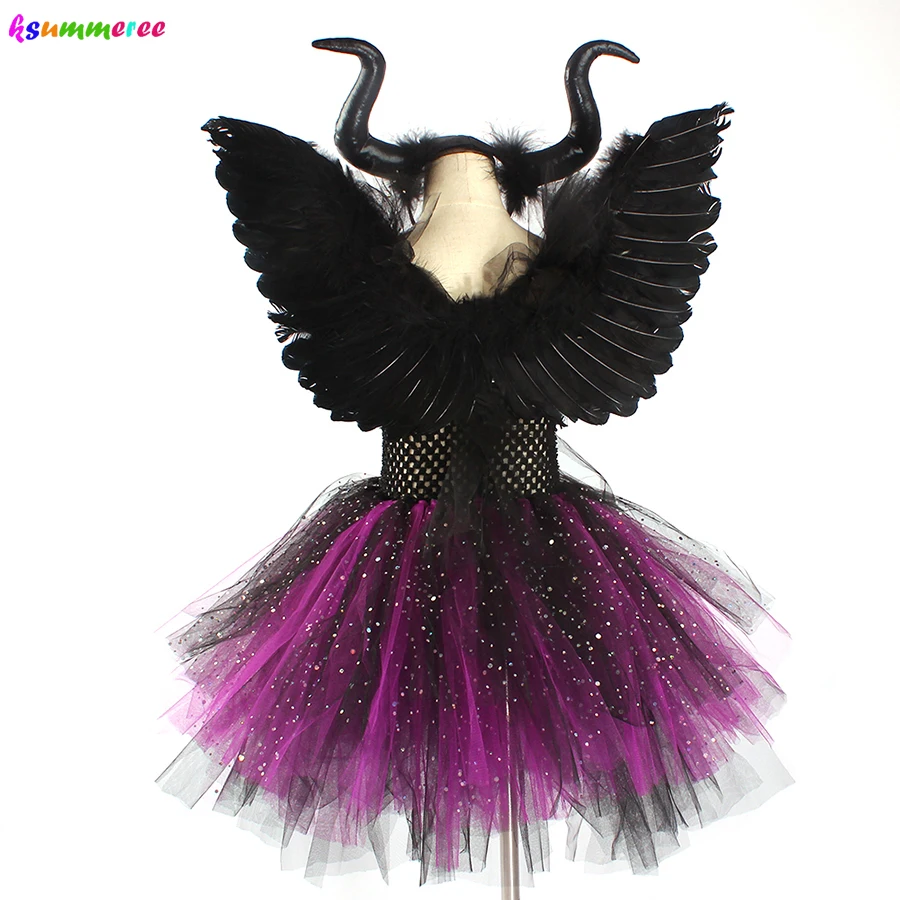 Glittery Black & Purple Kids Evil Witch Tutu Dress Girls Dark Fairy Witch Tutu Halloween Cosplay Costume With Horns and Wings