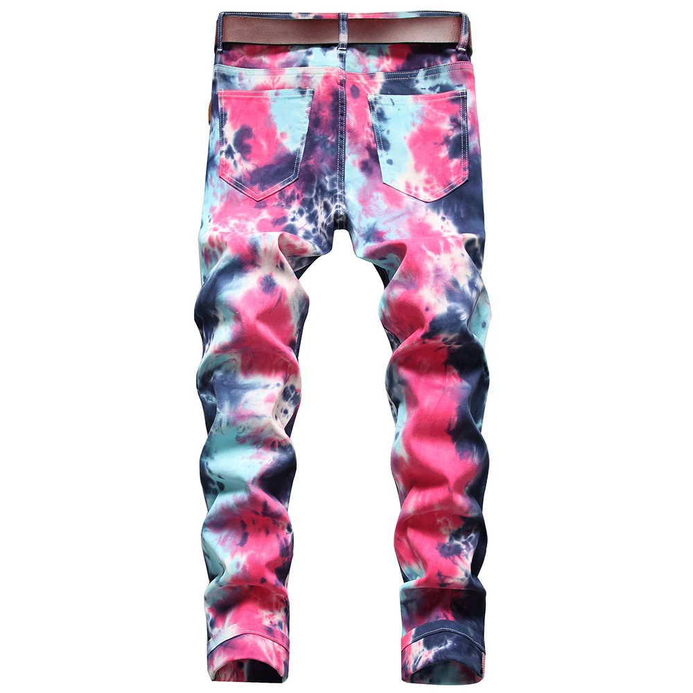 Men's Fancy Color Tie and Dye Print Jeans Fashion Y2K Slim Straight Stretch Denim Pants Painted Trousers