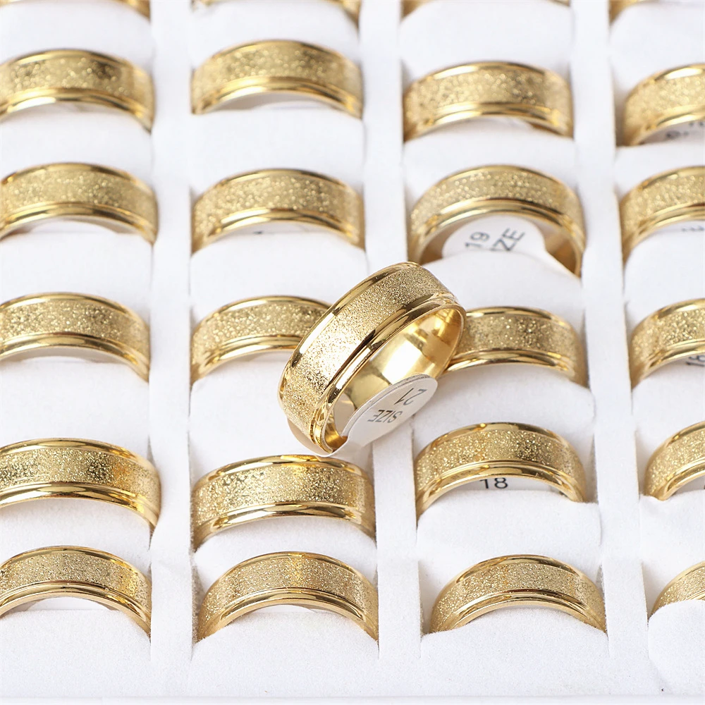 Wholesale 20pcs/lot High-quality Gold Color Stripe Sanding Frosted Stainless Steel Rings For Women Men Fashion Jewelry