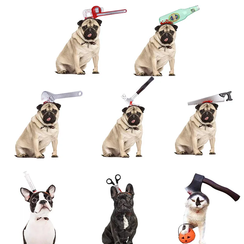 Funny Trick Hammer Ax Scissors Lifelike Dog Costume Party Hat For Dogs Play Victim Against Violence Halloween Cosplay Clothes