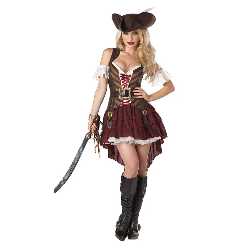 Lady Carnival Halloween Caribbean Pirates Elizabeth Costume Captain Huntress Clubwear Play Suit Cosplay Fancy Party Dress