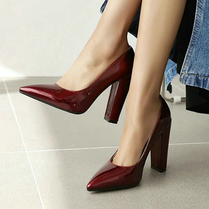 2021 New Spring Autumn Women High Heel Shoes Patent PU Leather Pointed Toe Women Square High Heel Shoes Sexy Women Pumps Red