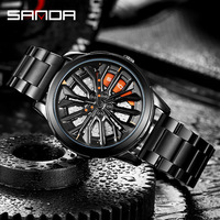 SANDA Hot Sell Quartz Stainless Steel Men Watch Premium Quartz Movement Car Rim Wheel Shaped Rotating Dial Relogio Masculino
