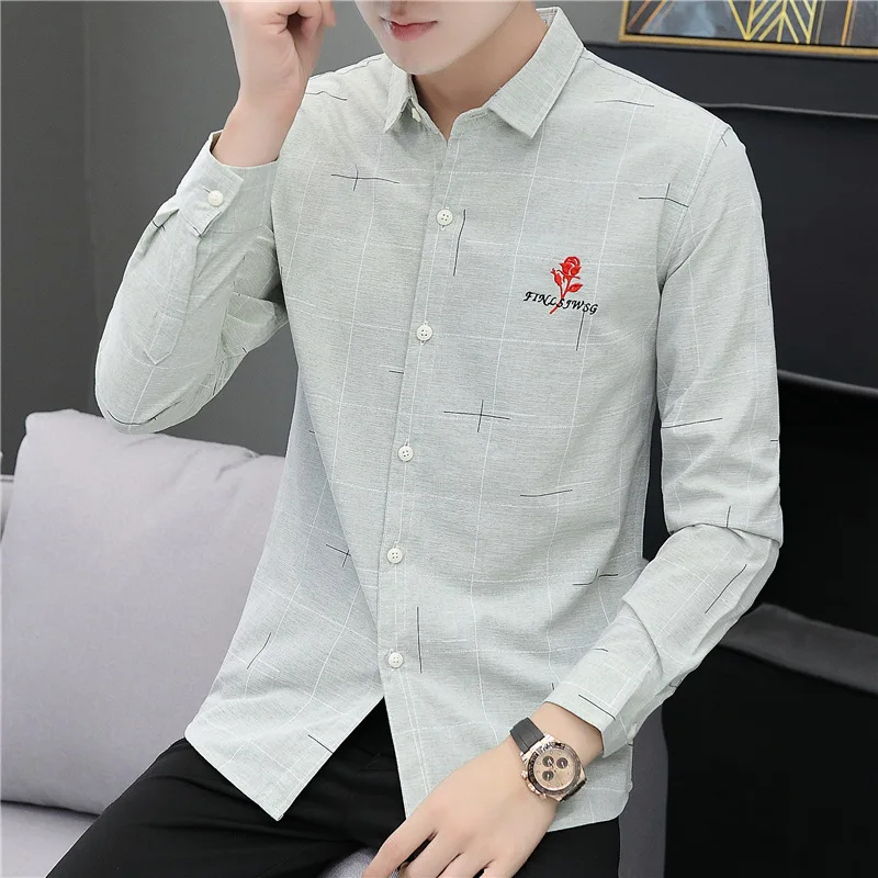 

New Men's Embroidered Autumn Fashion Casual Shirts Long Sleeve Lapel Cotton Lattice High Quality Handsome Simplicity Cardigan