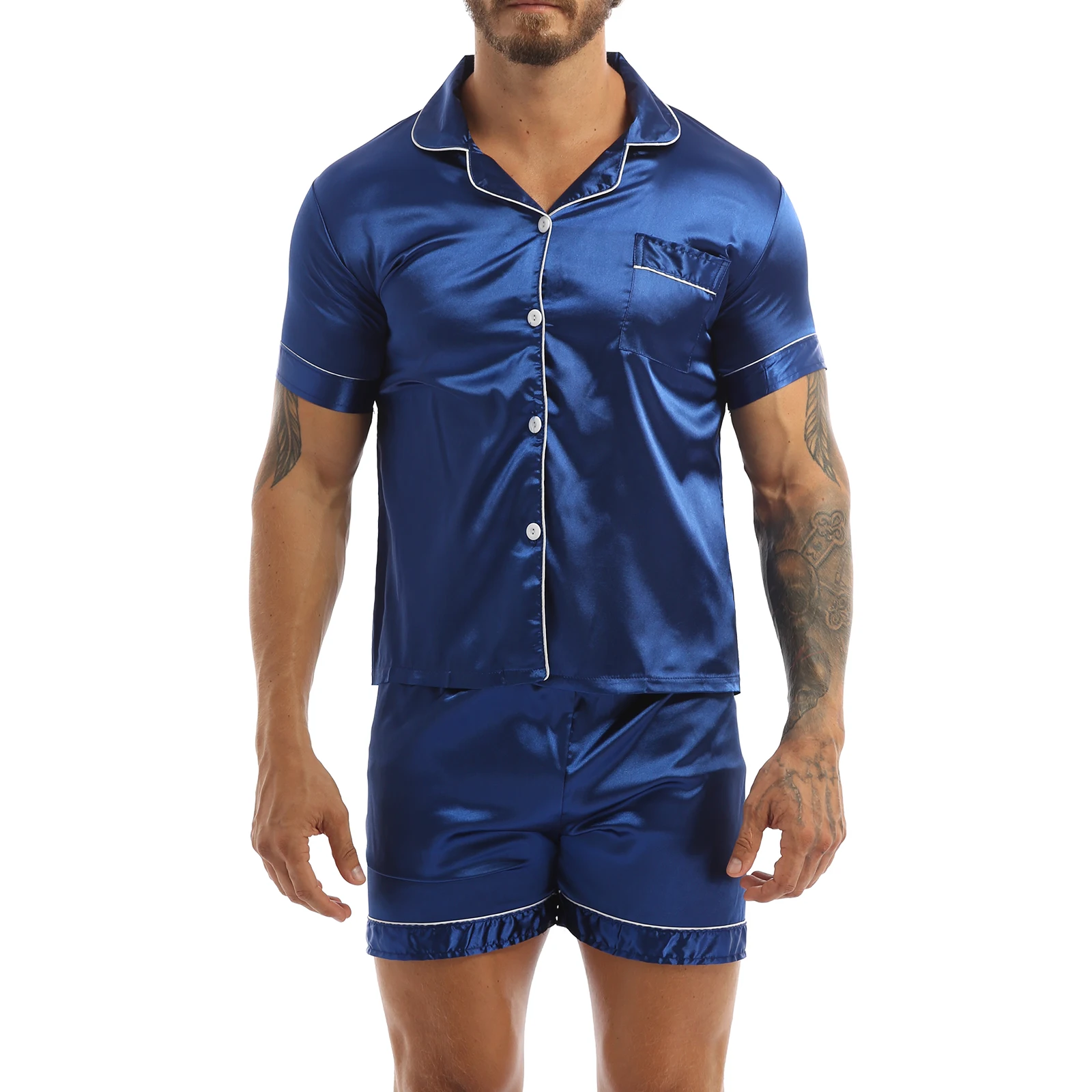 2Pcs Mens Satin Pajamas Set  Summer Soft Short Sleeve Silk Sleepwear Tops Shorts Pajama Homewear Loungewear Suits Plus Size