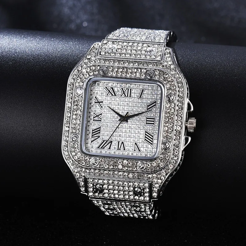 New Watches for Men Women Luxury Hiphop Iced Out Watch Clocks Gold Rhinestone Quartz Square Wristwatch Hip Hop Watch Men Relogio