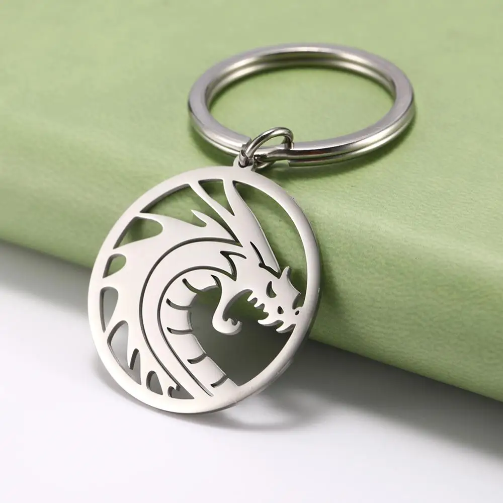 SKYRIM Chinese Dragon Rhinoceros Round Car Keychain Animal Stainless Steel Key Chains Key-ring Holder Pendant For To Bag Unisex