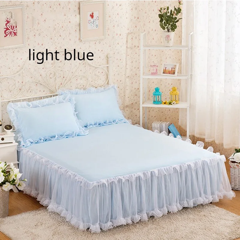 Lace Bed Skirt Home Decor Double Layer Lace Bedspread Non-Slip Sheets Bed Cover with 2 pillowcase