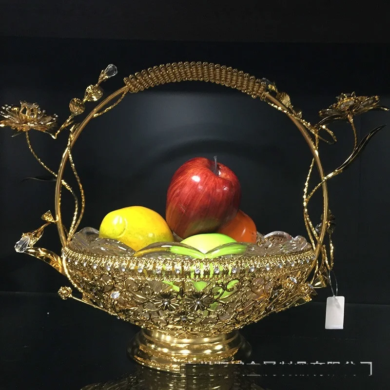 

European style fashion design metal glass fruit plate modern hotel KTV inlaid with diamond ornament portable fruit basket