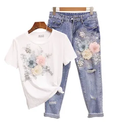 Summer Fashion Women T Shirt Jeans European Style Denim Suit Embroidery 3D Flower Female Trousers Vintage Beading Sets S-XXL