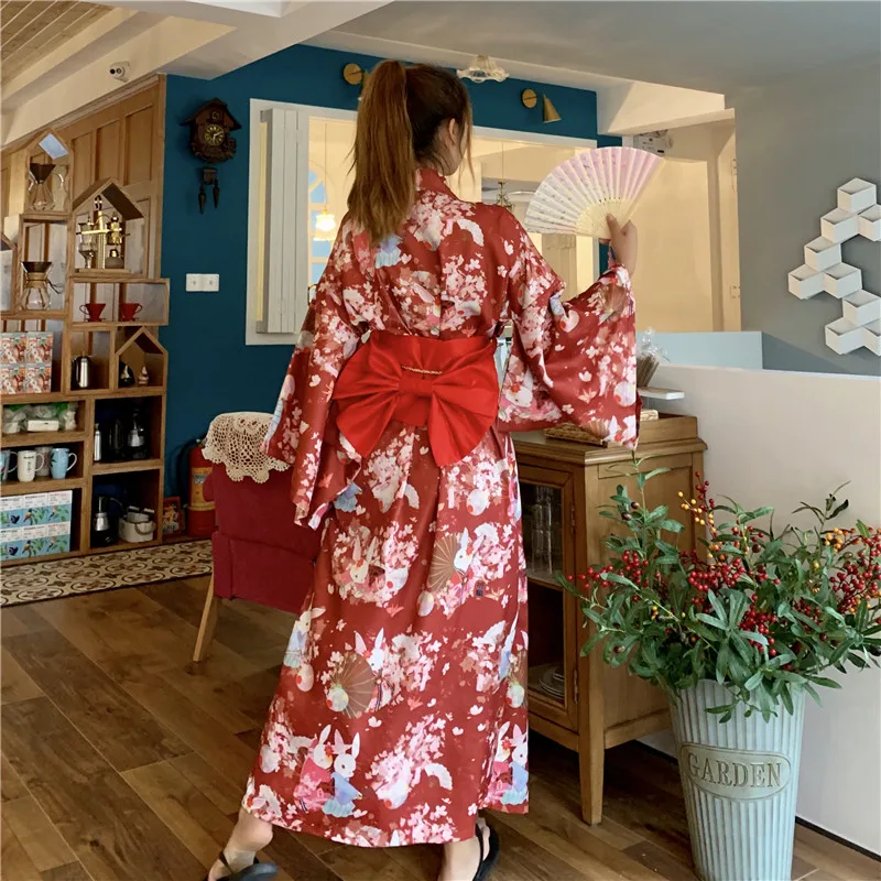 Japanese Kimono Cute Rabbit Improved Kimono Outfit for Women Traditional Style Robe Yukata Costumes Vintage Soft Dress Clothing