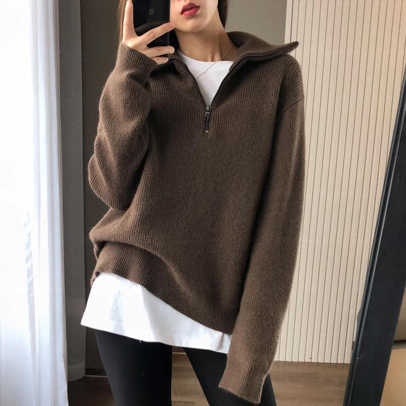 European goods autumn and winter add thick turtleneck sweater female loose outside wear pure color wool knitting bottom recreati