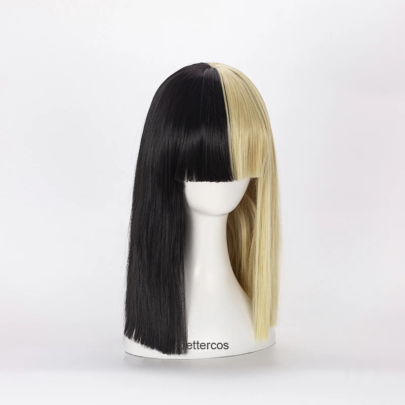 SIA Cosplay Wig Short Straight Flat Bangs Half Black and Blonde Heat Resistant Synthetic Hair Wig + Wig Cap + Big Bowknots