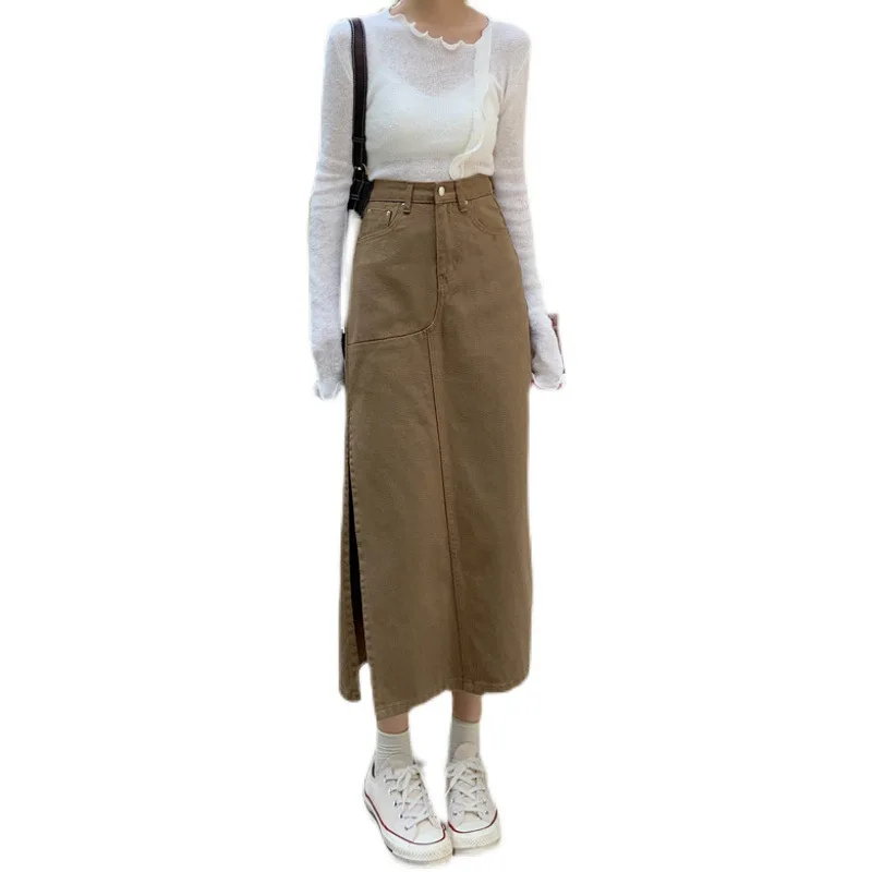 

2024 Autumn Winter New Personality Split Denim Skirt High Waist Slim Casual Simple Solid Women A-line Long Skirt Free Shipping