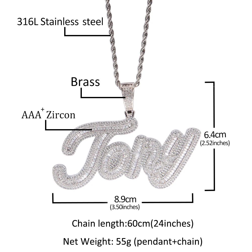 Uwin Custom Name Necklace Baguette Letter Pendant Iced Out Cubic Zirconia Characters Fashion Hip Hop Jewelry