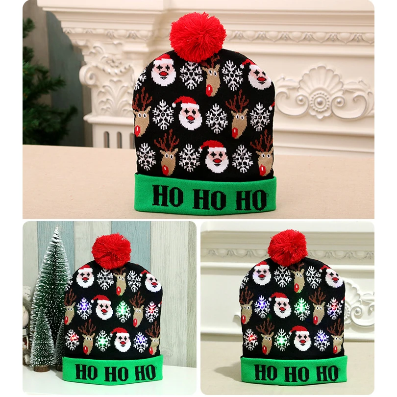 New Style! LED Christmas Hat Beanie Light Up Illuminate Warm Hat 48 Patterns New Year Snowman Sweater Hat Christmas Decorations