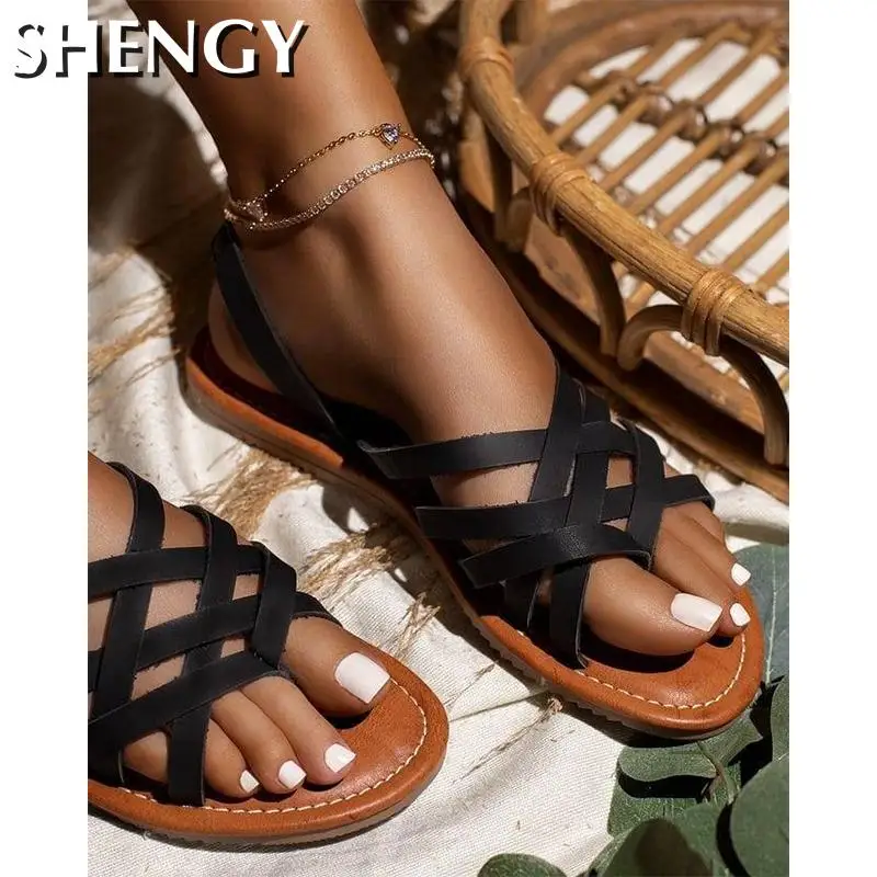 Summer Women\'s Sandals Korean Solid Color Flat Cross Strap Flat Ladies Sandals Glossy Fashion Non-Slip Outdoor Women Shoes