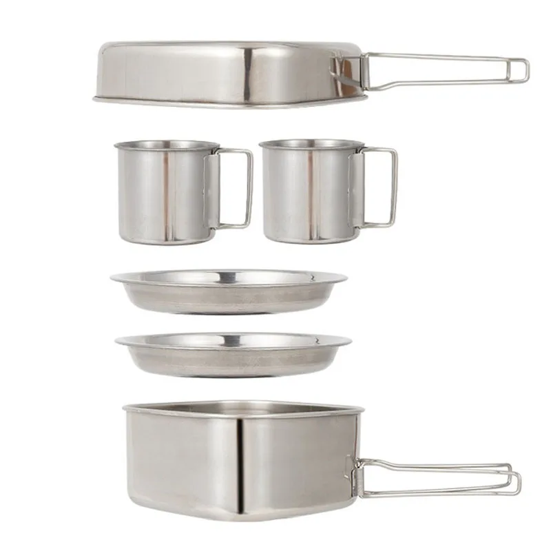 Outdoor 6-piece pot set camping stainless steel cookware mountaineering picnic set bowl portable 3-4 people barbecue combo pot