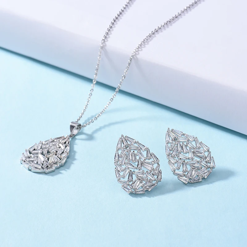 Jewelry Sets HADIYANA Classical Delicate Women Wedding Water Droplets Shape Bridal Necklace And Earrings Set CN321 Bisuteria