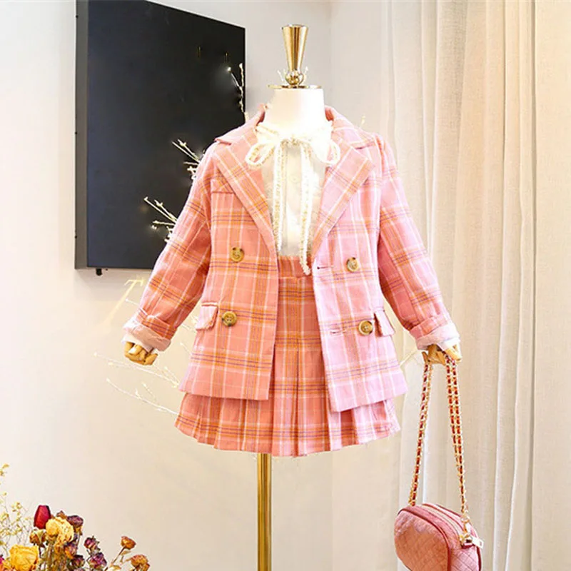 

Spring Autumn New Girls' Clothing Sets Students Plaid Suit Long-Sleeved Cardigan Jacket+Pleated Skirt Children Baby Kids Outfits