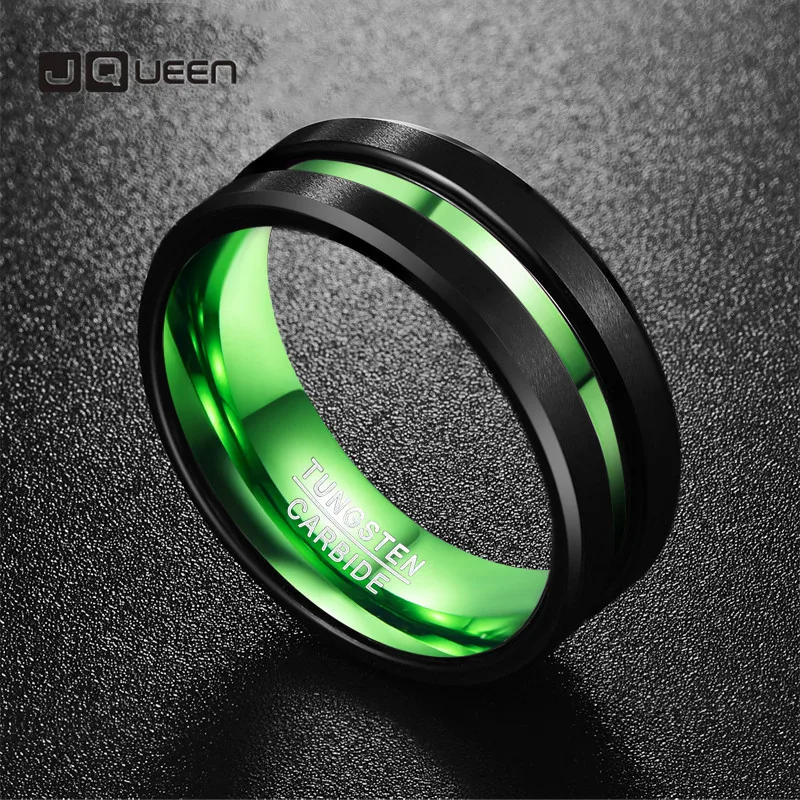 High Quality Men\'s Black Matte Finish Tungsten Carbide Ring Green Center Groove Polished Beveled Edges Comfort Fit Size 4-16