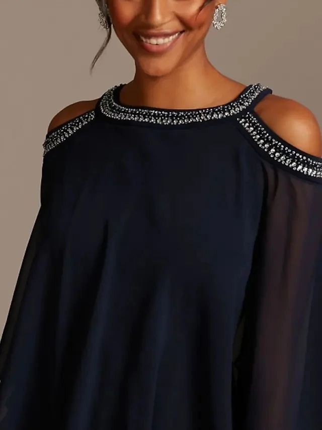 Elegant Dark Navy Chiffon Avondjurken Uit De Schouder Kralen Half Mouwen Prom Party Gown Robe De Soiree Vestidos Longo