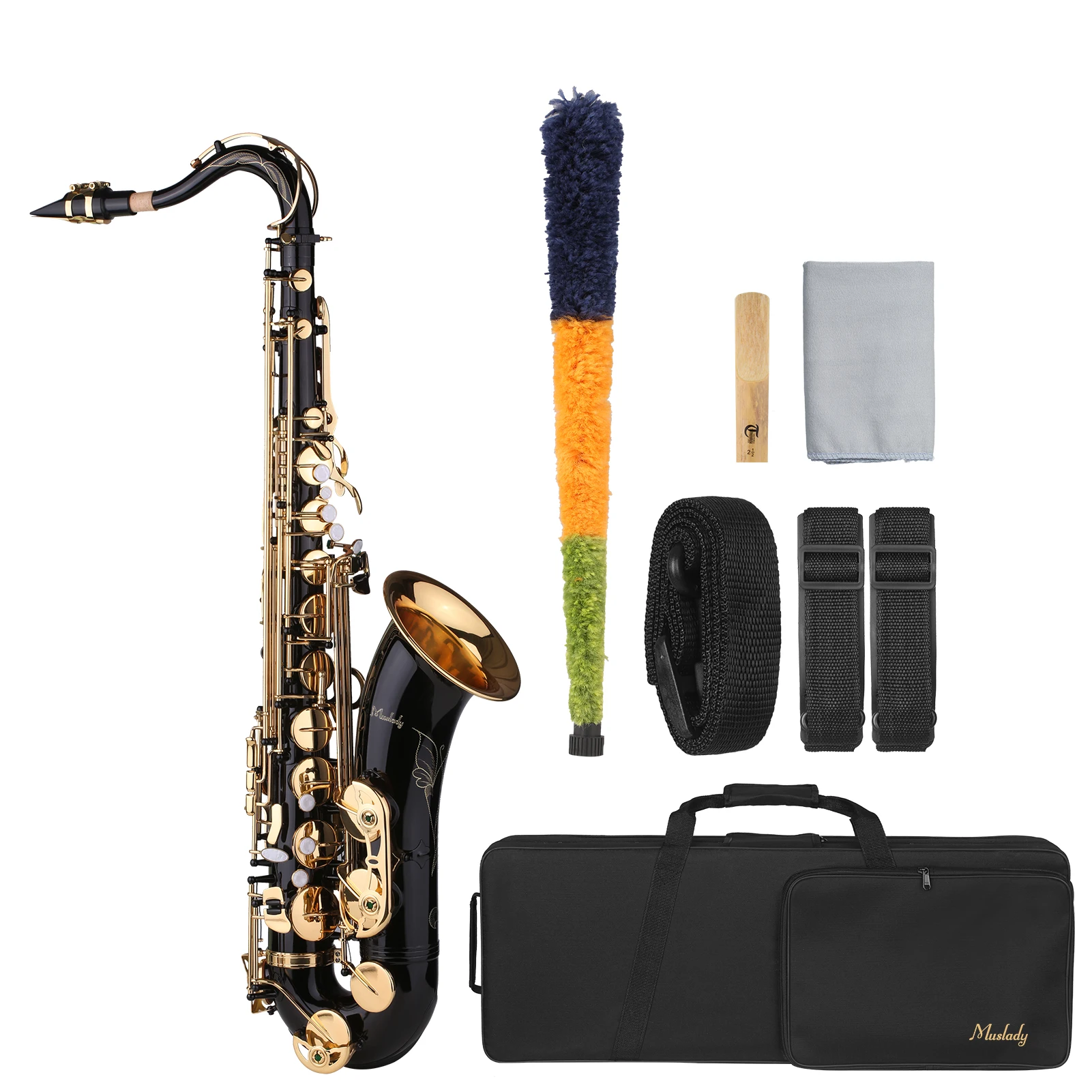 

Muslady B-flat Tenor Saxophone with Instrument Case Mouthpiece Reed Neck Strap Cleaning Cloth Brush for Musicians Beginners
