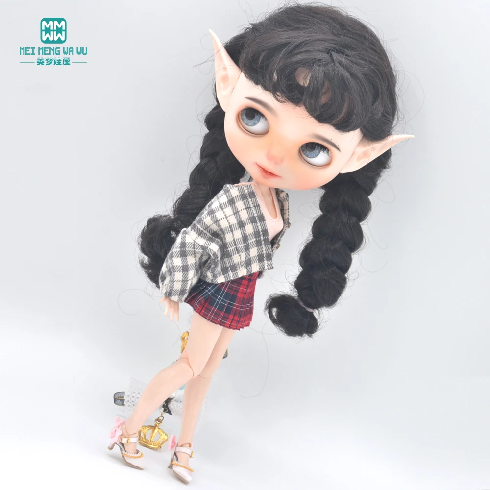 Clothes for Doll Fits Blyth Azone OB22 OB24 Doll Fashion Woolen Jacket Plaid Top Blue, Green, Black, Gray