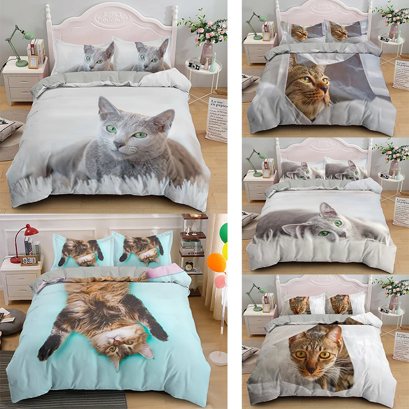 3D Cat Bedding Set Cute Animal Pattern Duvet Cover  For Kids 2/3Pcs Bed  Single/Double/Twin/Full/Queen/King Size