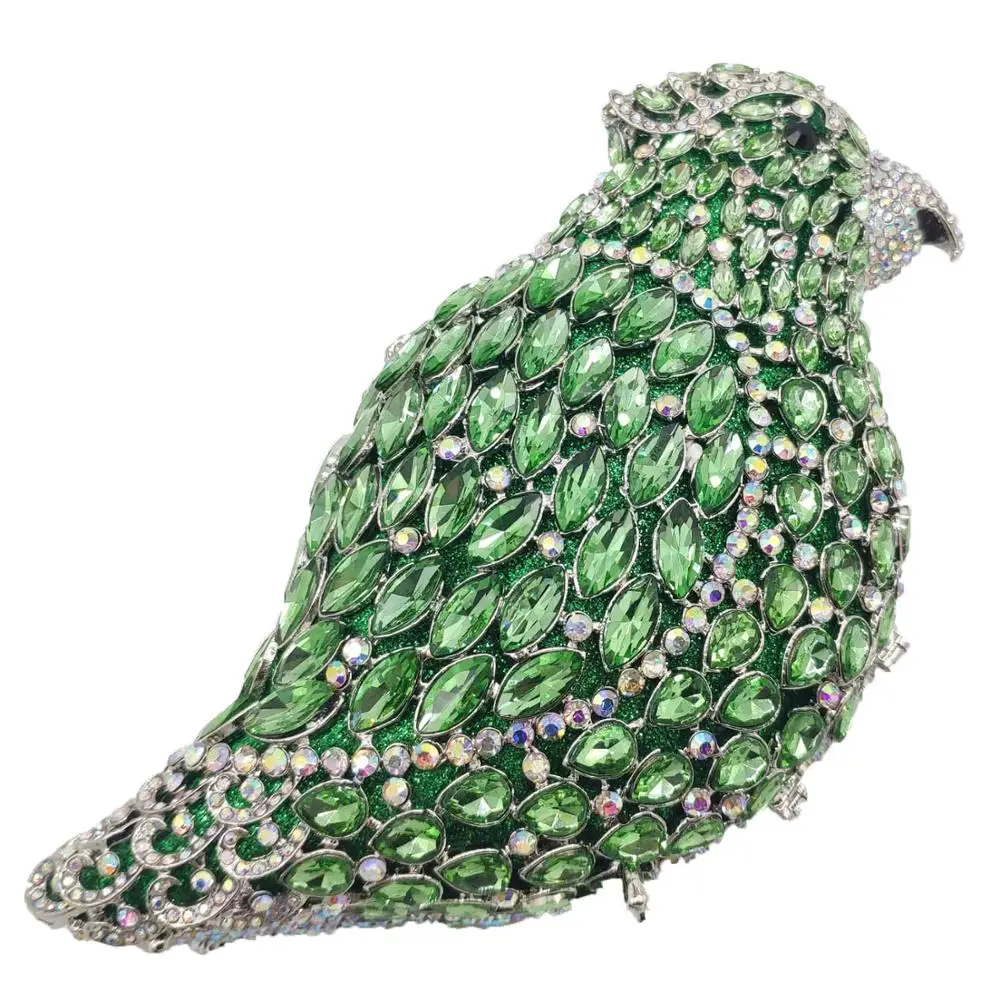 Boutique De FGG Green with Iridescent Parrot Clutch Purses Women Crysal Evening Bags Party Cocktail Rhinestones Handbags