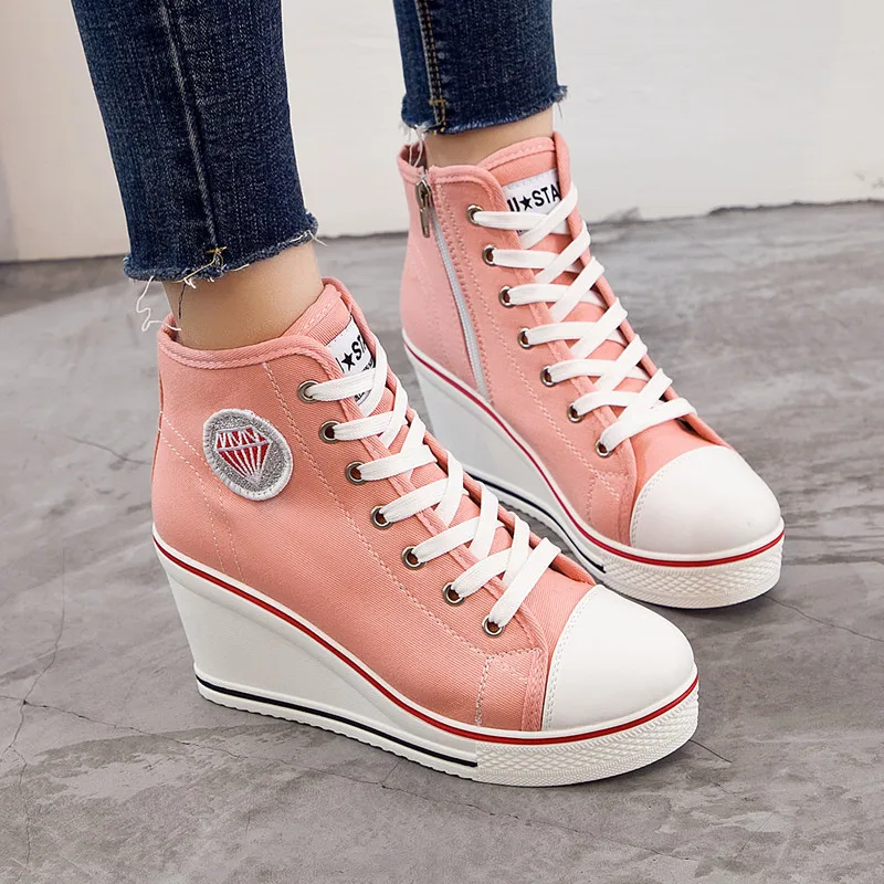 

2020 New Style Slanted Heel Casual Shoes Canvas Shoes Side Zipper High Heel Lace-up High-Top Shoes Women's 8cm High-Rise Shoes