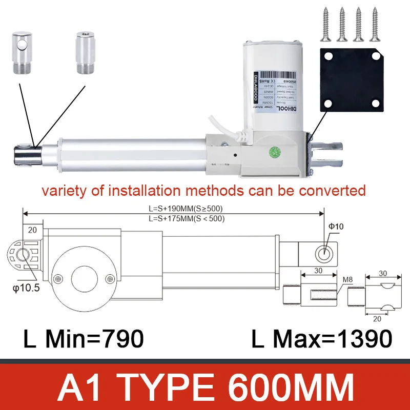 DHLA8000 600MM Stroke Large Thrust Electric Linear Actuator 8000N 800KG 1800LB 12v 24v DC Telescopic Motor Wireless Controller