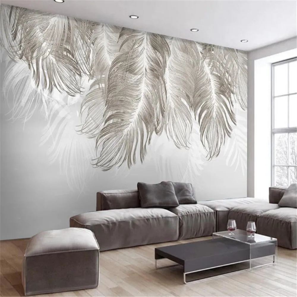 

Milofi custom non-woven wallpaper mural Nordic modern minimalist hand-painted feather TV sofa background wall painting